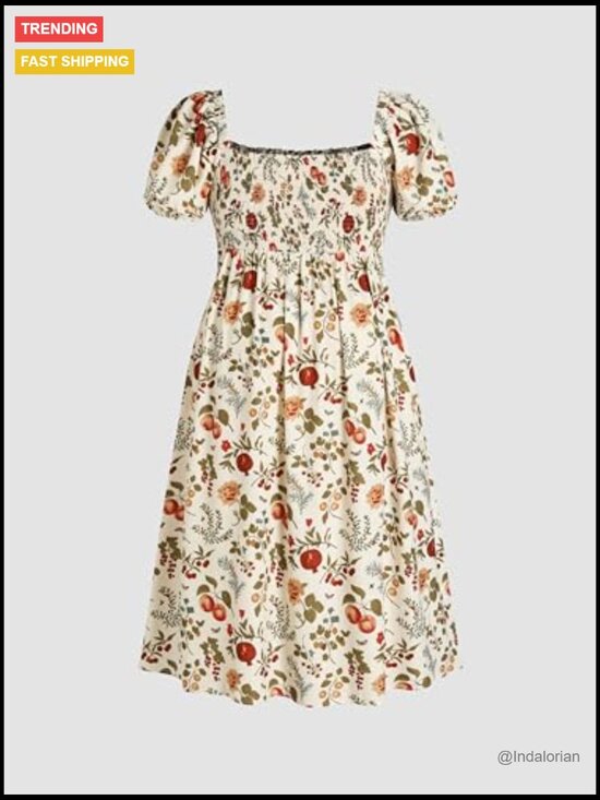 Plus Size Square Neck Puff Sleeve Floral Fruit Midi Dress - Picture 5 of 6